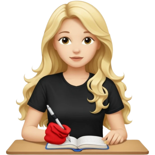 A beautiful blonde with long wavy hair in a black T-shirt sits and writes in a diary with a pen. emoji