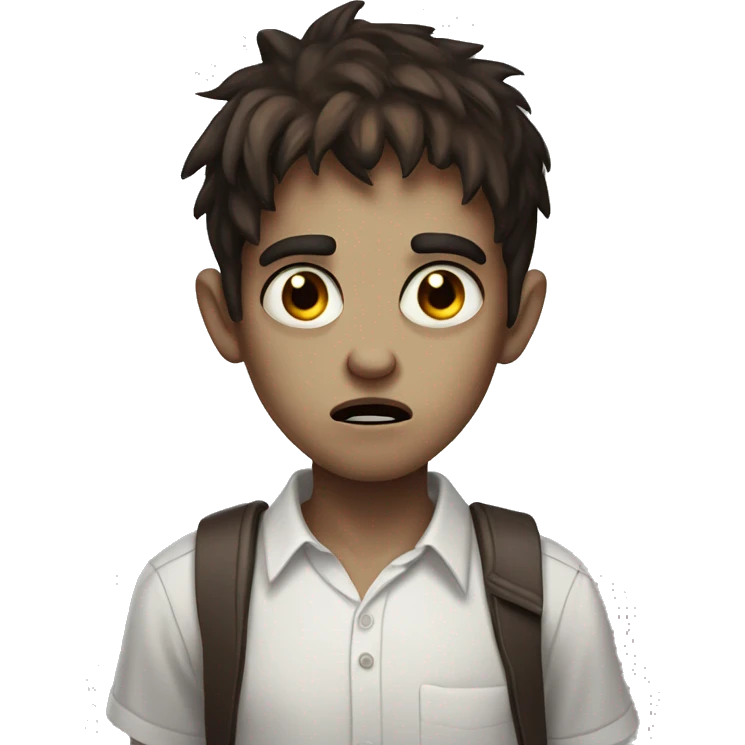 boy zombie teen with scared expression and dark brown hair and white slim shirt; brown eyes emoji