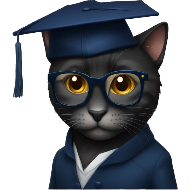 The student is a black wool cat in a dark blue suit, a square academic dark blue cap and golden glasses emoji