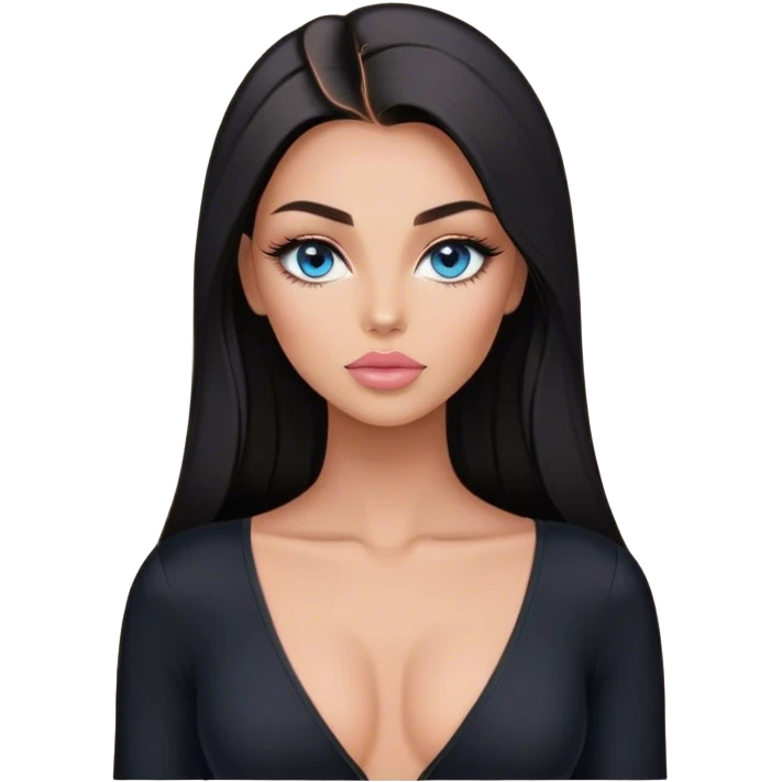 Glamours make-up, tanned, beautiful, girl, with blue eyes, big pump peach-beige-rose lips, eyeliner, long lashes, black straight smooth silky long hair, parting hair in the middle,  in black v-neck bodysuit long sleeves emoji