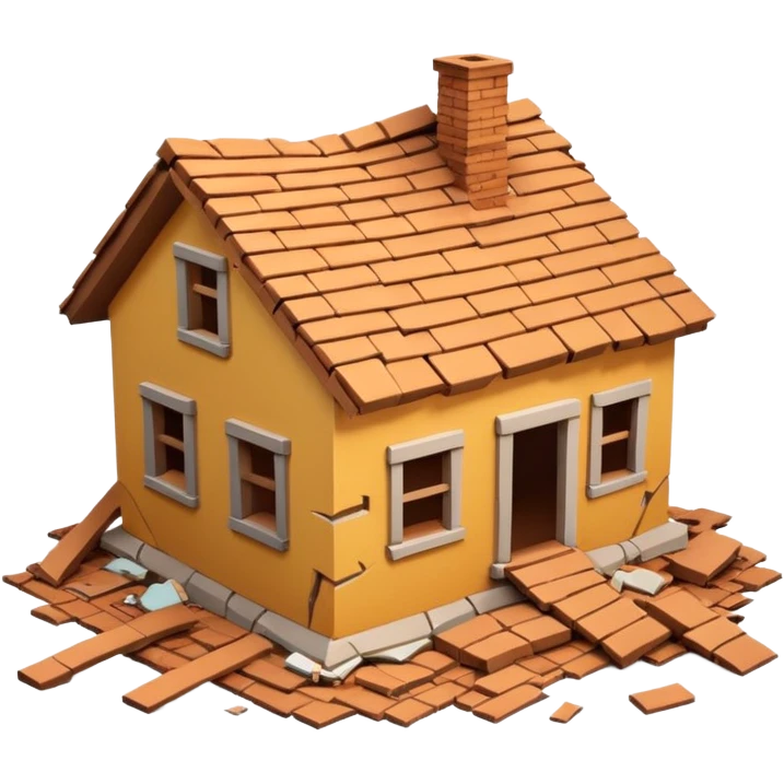 3D iPhone style emoji of a collapsed house, broken walls and roof pieces scattered, debris and ruins visible, isolated on white background, soft shadows, high detail, playful and cute. emoji