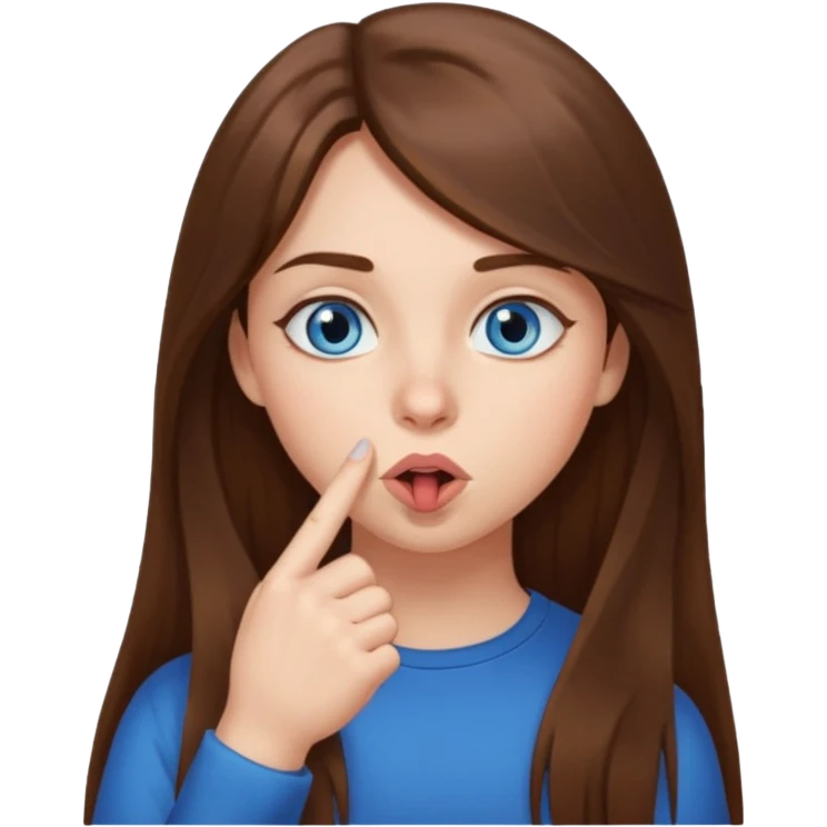 a girl with long hair, blue eyes telling to be quiet with the finger near her mouth emoji