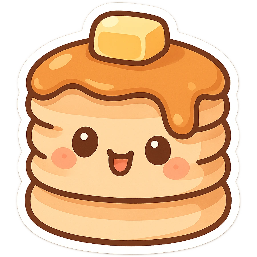chibi sticker-style pancake stack with a smiling face, cute and exaggerated emoji