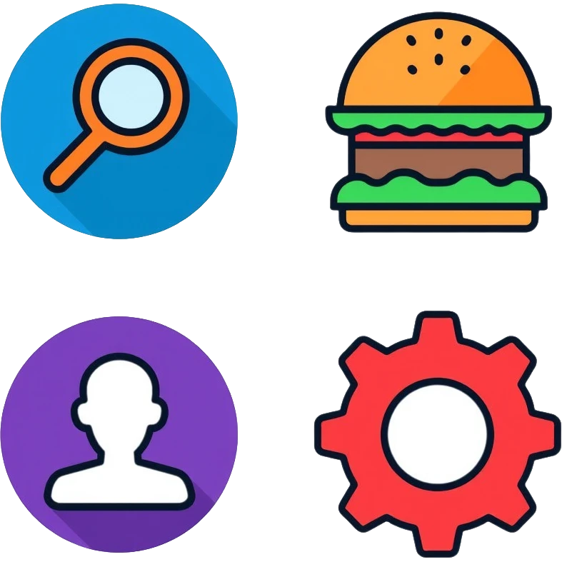 Website icon set with colorful icons: blue home icon, orange magnifying glass search icon, green hamburger menu icon, purple profile/user icon, and red gear settings icon emoji
