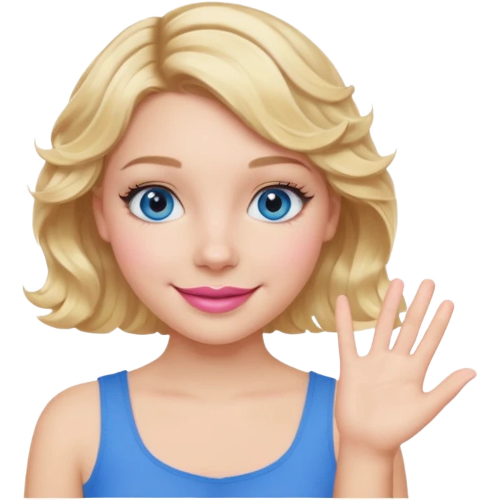 Girl Blonde short wavy hair,  blue eyes, cute blue top, long lashes, pink lips, smiling, one hand 🤷🏼‍♀️  emoji