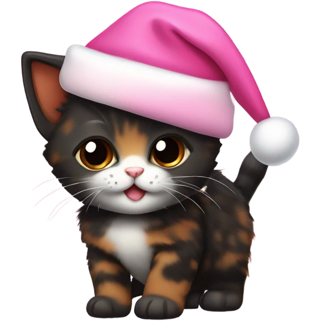Cute mostly black tortoiseshell kitten wearing a pink Santa hat emoji