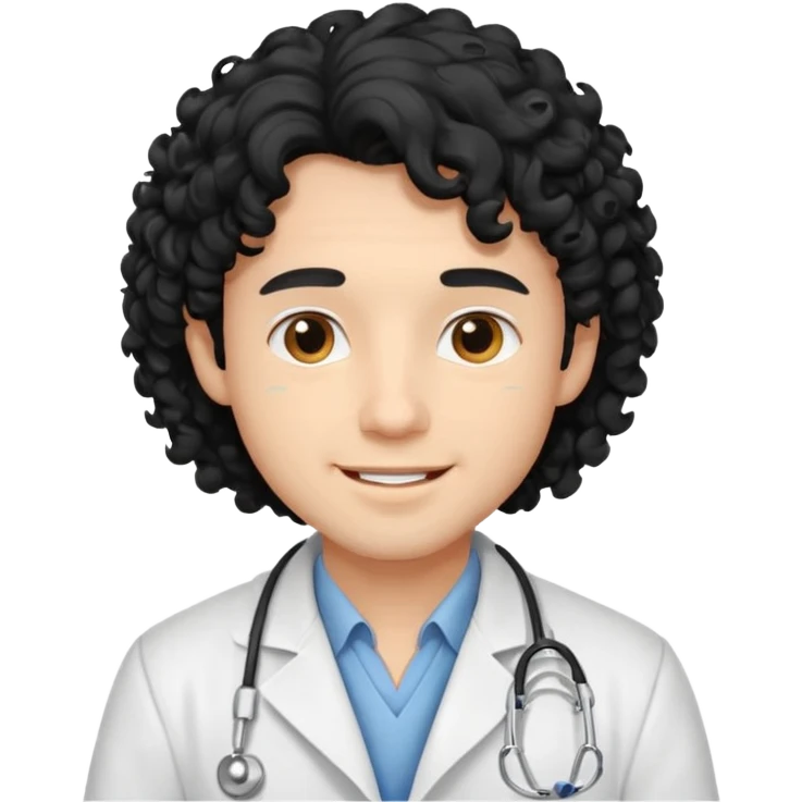 a young male doctor with black long curly hair and cheerful face emoji