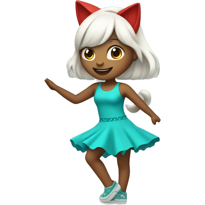dancing girl with white left hair and right red with turquoise cat ears emoji