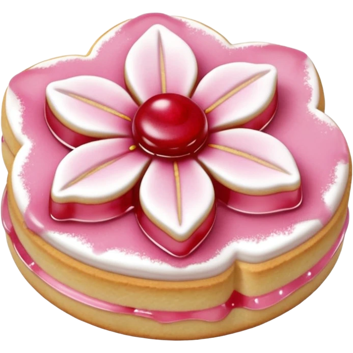 Realistic shortbread cookie in the shape of a cherry blossom with pale pink color jelly middle filling and sprinkled powder sugar on top. emoji