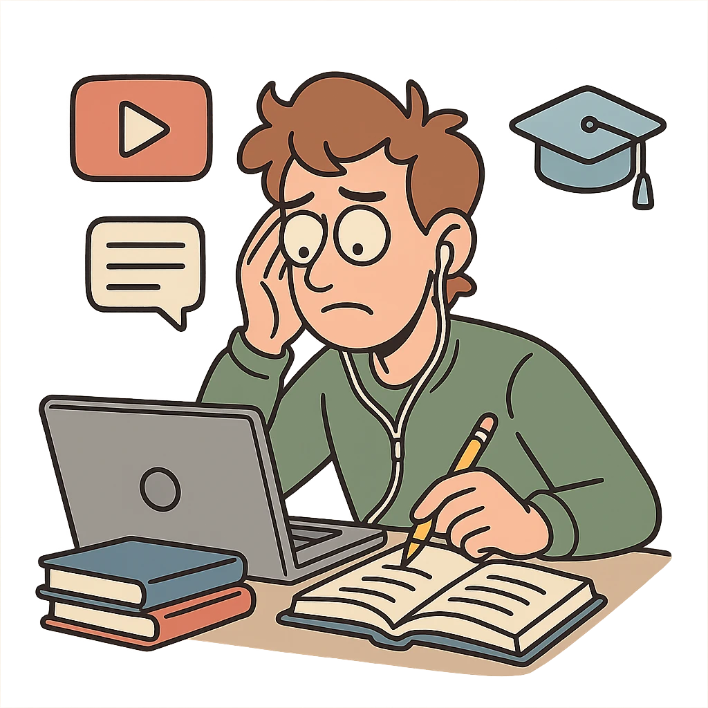 person studying online with a laptop, books, and digital icons emoji