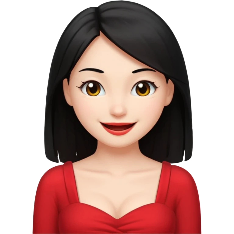 Chica joven pelo sémi largo color negro lacio delgada con con pechos grandes vestido rojo con sonrisa amigable y guiñando el ojo emoji