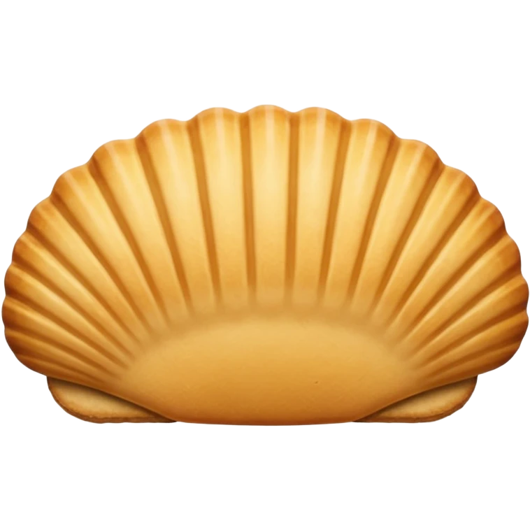 A madeleine pastry. Oval seashell shape with ONLY four to five vertical lines going in the same direction. Light golden brown. Scalloped edge. Cookie. Flat. Long. Oval shape. Lets scallops. Only four or five scalloped lines. Oblong shape. More length. Less roundness. emoji