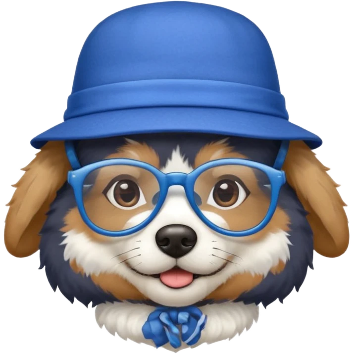 A dog with big glasses with a blue small hat emoji