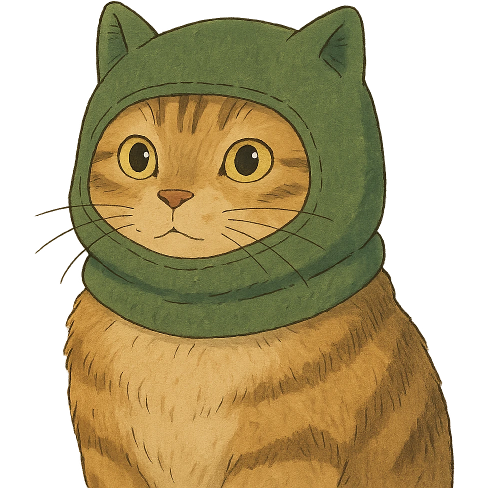ghibli style cat in a green balaclava emoji