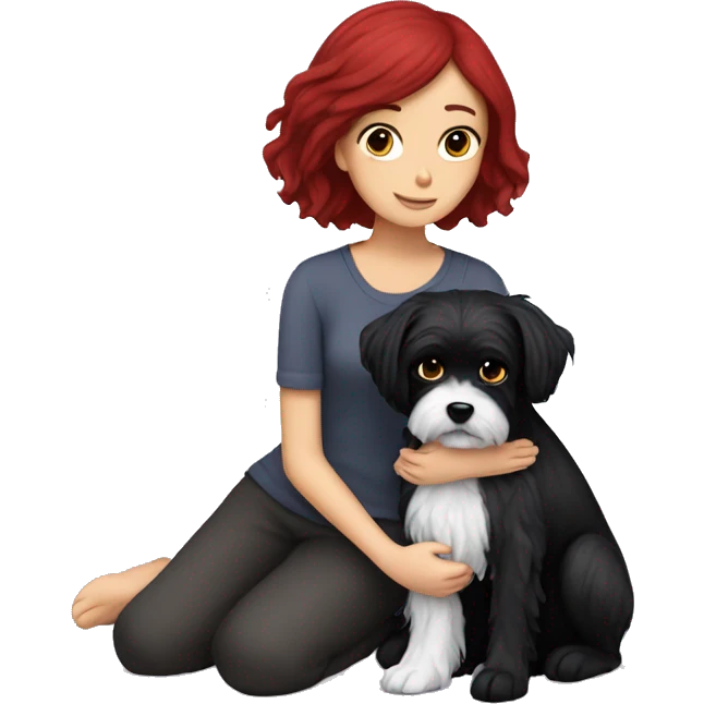 Dark red hair girl hugs  her maltese black dog emoji