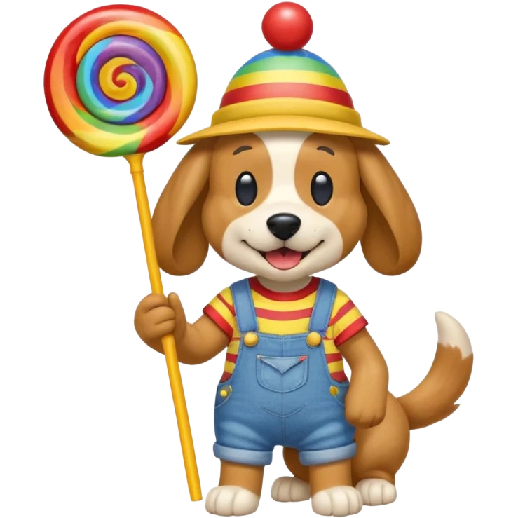 Generate a emoji of a dog with a comically large rainbow swirly lollipop with a goofy silly propeller hat, make the dog wear a striped bright yellow, red, and blue shirt with jean overalls emoji