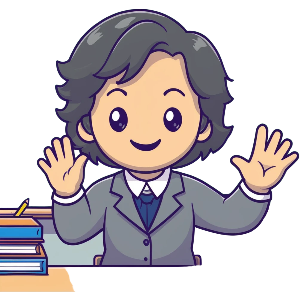 smiling English teacher with airtouch hair and grey-green eyes teaching in a classroom with chalkboard emoji