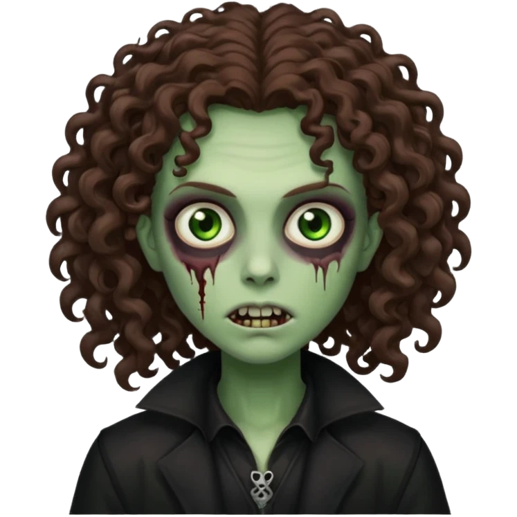 long curly haired zombie with brown hair color and green eye color, with dark vampire clothes emoji