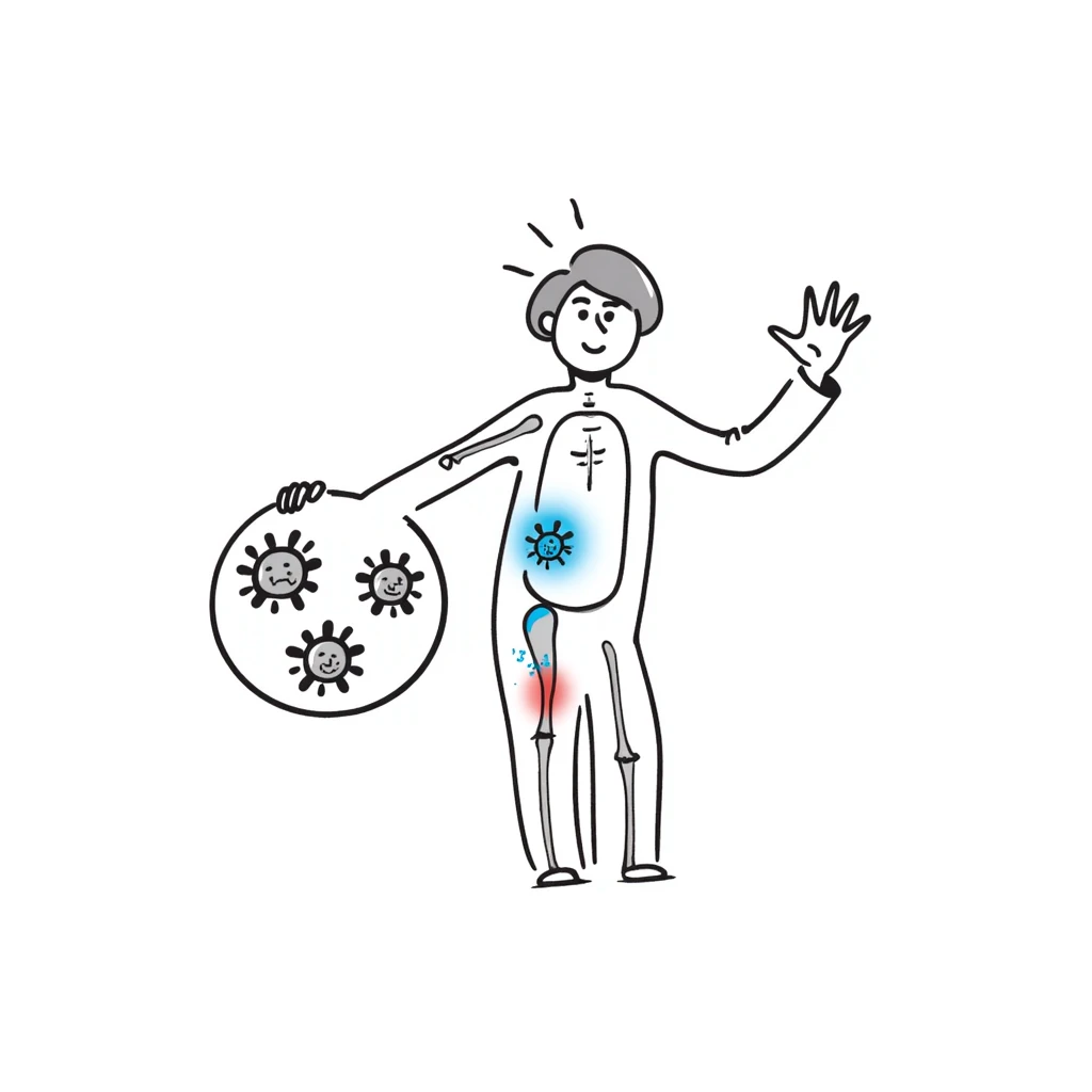 Medical illustration of anti-inflammatory process: transparent human body with highlighted joints, cool blue healing energy neutralizing red inflammation areas, small circular inset showing immune cells becoming calm, clean clinical style with soft futuristic background emoji