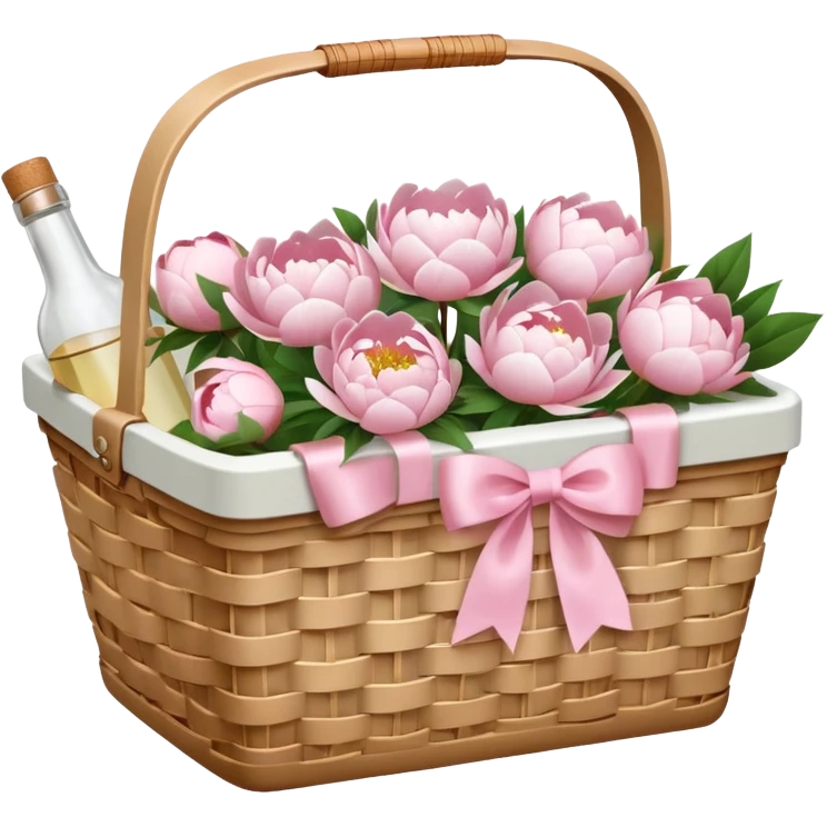 White Picnic basket with light pink bow and white peonies and a pink bottle inside emoji