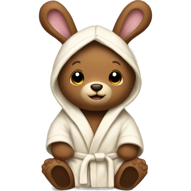 Brown stuffed animal bear wearing a cream bathrobe with bunny ears on it emoji