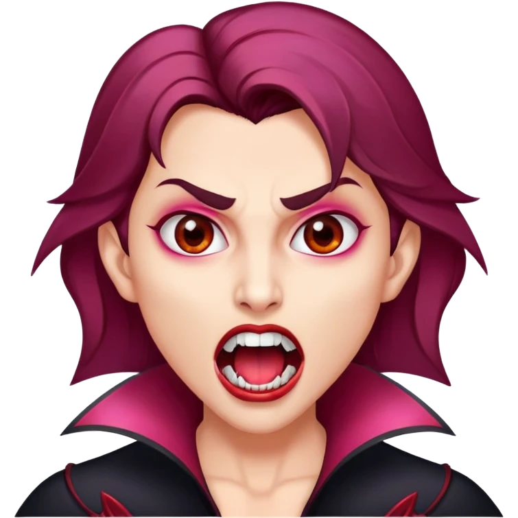Uma vampira, com a boca aberta mostrando os caninos afiados. Olhos castanhos, cabelo com mechas vermelhas quase rosa. Rosto oval, tom de pele parda. emoji