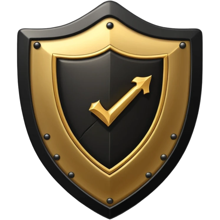 Black and gold emoji of a cracked shield reforming around a checklist with one strong tick, symbolising discipline rebuilt after failure, luxury minimal style, transparent background. emoji