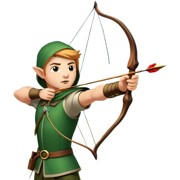 A skilled archer, resembling Robin Hood, drawing a bow and releasing an arrow towards a target. The scene captures the perfect moment of release, with the bowstring taut and the arrow flying toward the bullseye, set in a forest or archery range background. emoji