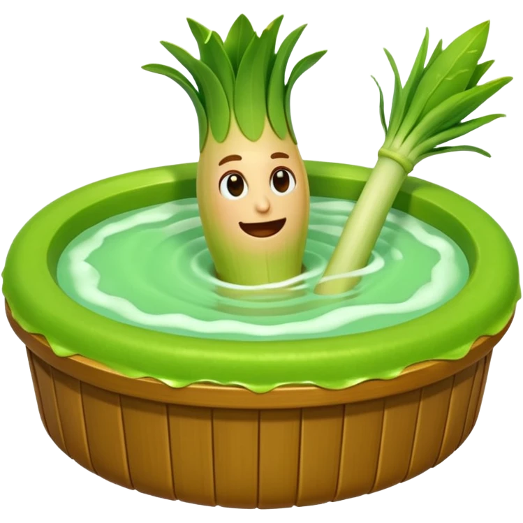 Create a 3D emoji of a relaxed leek in a jacuzzi filled with a slightly lumpy, yellowish-brown sauce emoji
