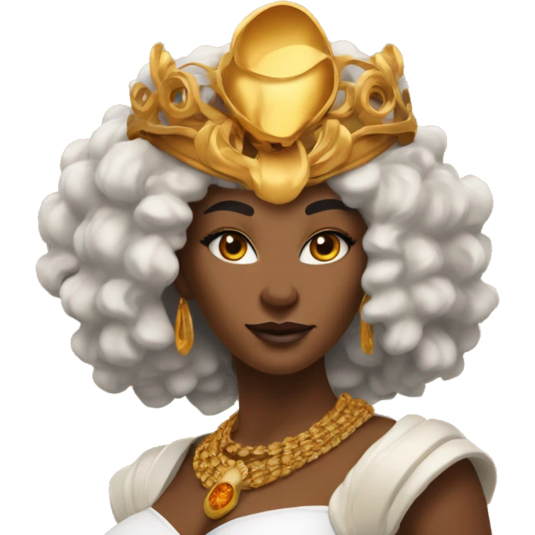 Create an emoji of a confident woman with voluminous lion-like hair, bold makeup, and gold jewelry, embodying the Leo zodiac sign with a regal expression and fiery energy. And a headgear of Leo sign emoji