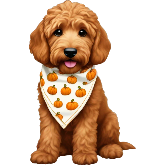 mini red goldendoodle wearing cream bandana with pumpkins on it emoji