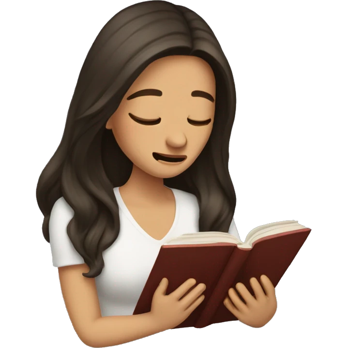 brunette long hair woman crying tears down face while holding and reading book emoji