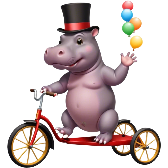 Hippo on a tricycle with a top hat juggling cats emoji