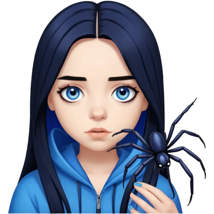 billie eilish, blue eyes, long black hair, dark eyeliner makeup, holding blue spider emoji