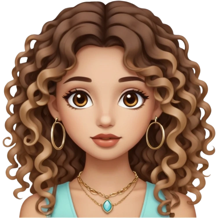 cute girl with not volominous VERY LONG curly/wavy balayage hair brown eyes full lips cute makeup cute necklace and hoop earrings emoji