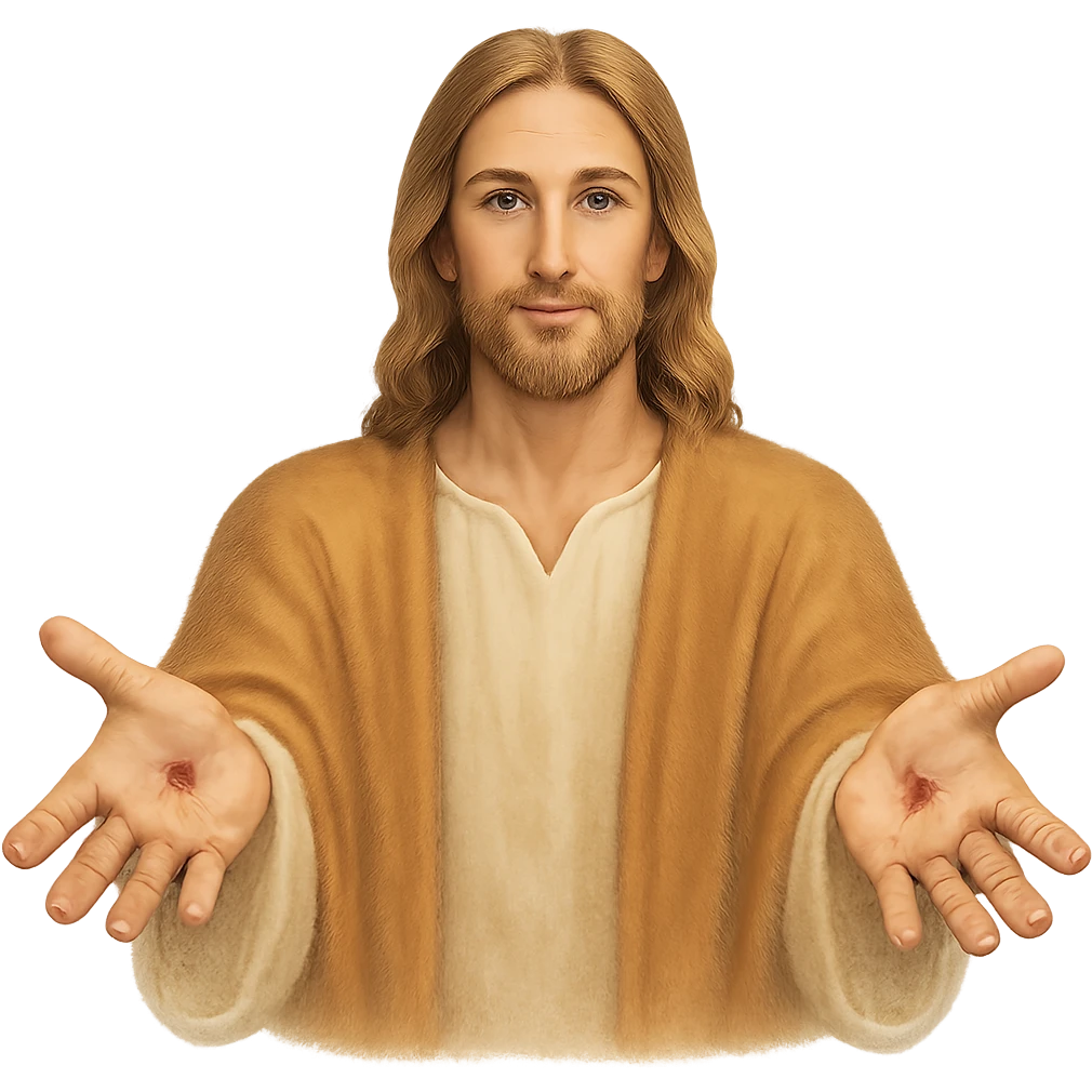 Jesus' hands post-resurrection, open and inviting, with subtle marks of crucifixion, conveying compassion and divinity, peaceful and uplifting emoji