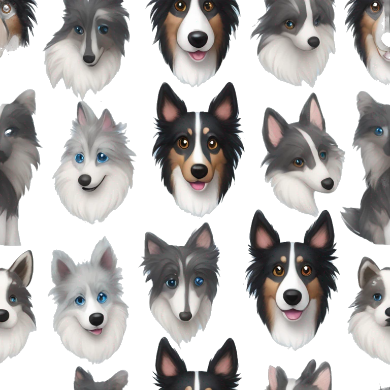  Black spotted brindle fluffy collie husky lurcher fox blue eyes fluffy ears and holographic harness running emoji