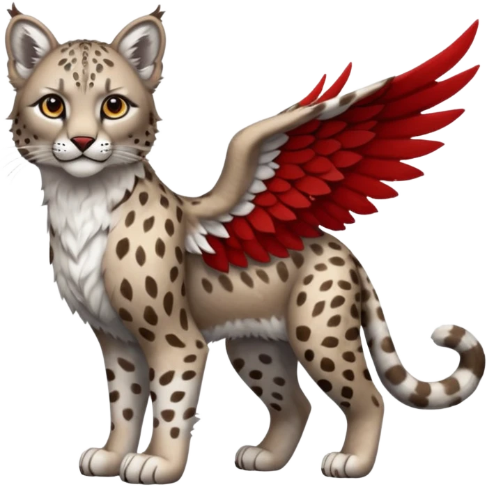 Winged hyper-realistic Feral Rare realistic edgy brown, white, red pretty beautiful handsome gorgeous aesthetic colorful vibrant Vernid-Trico-Silvally-Nargacuga-Gryphon-fusion-hybrid-species-Fakemon-creature by LiLaiRa, random markings, tufted ears, full body with snow-leopard-pattern-markings emoji