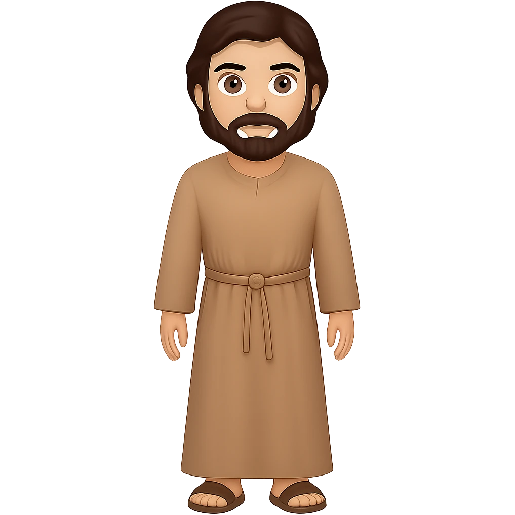 Create a full body, standing front view emoji style illustration of Saint Joseph wearing a long tan robe similar to the reference. He has dark brown hair and a beard. The style should be consistent with emoji style and the background should be removed. Produce new variations similar to previous results. emoji