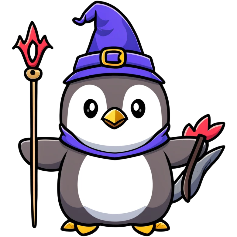 a penguin wizard with a staff and hat next to a small dragon emoji