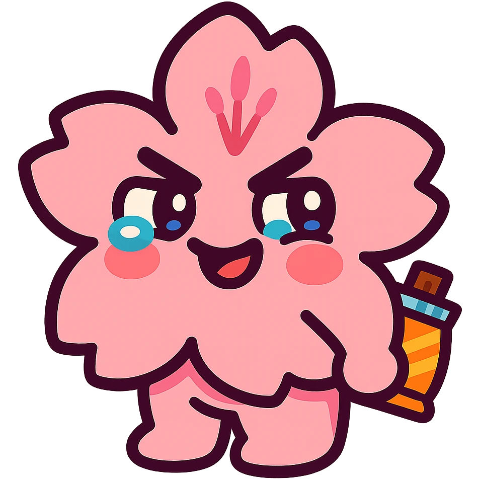baby pink cherry blossom flower with teary eyes and a mischievous smile, hiding snacks behind its back, soft chubby body, kawaii face, vibrant-toon style emoji
