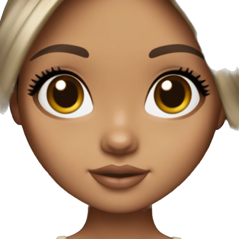 Blythe doll with tanned skin, Black straight hair with brown highlights in the ends with No Bang, with dark brown eyes and Long lashes emoji