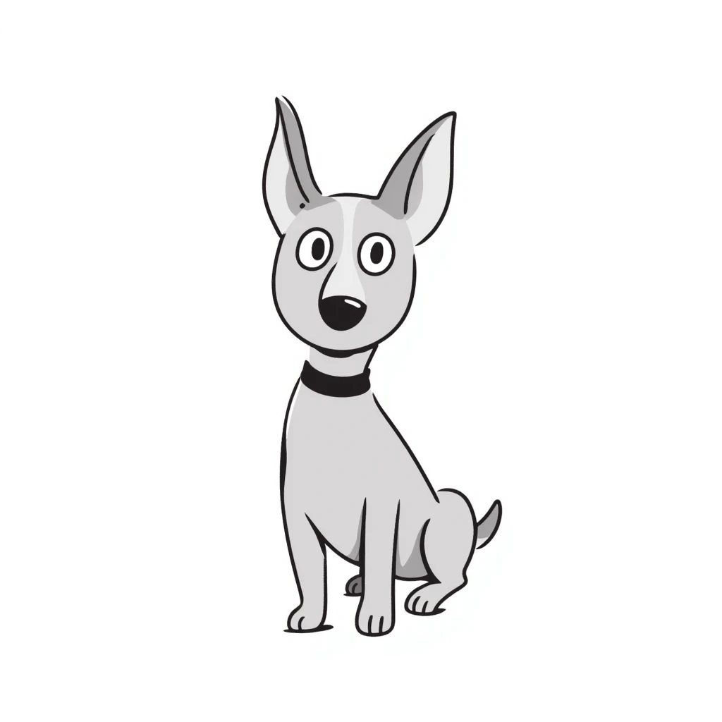 A Doberman dog with pointy ears and sleek body in pastel colors (dd9fb0, ffc6d3, a3bfc9, c4bee2, f1b091), hand-drawn doodle style emoji