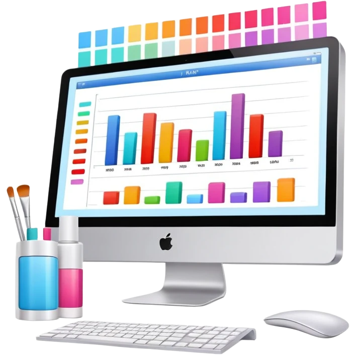iMac computer with bar charts and beauty products inside the screen emoji
