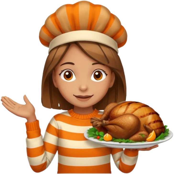 happy tan girl with an orange striped sweater and a cooked browned turkey on her head  emoji