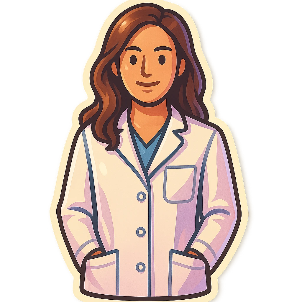 female medical coat with pockets, front view, straight angle, looking at camera, retro stickers style, soft rounded shapes, clean contours, pastel palette, detailed shadows and highlights, modern illustration, transparent background emoji