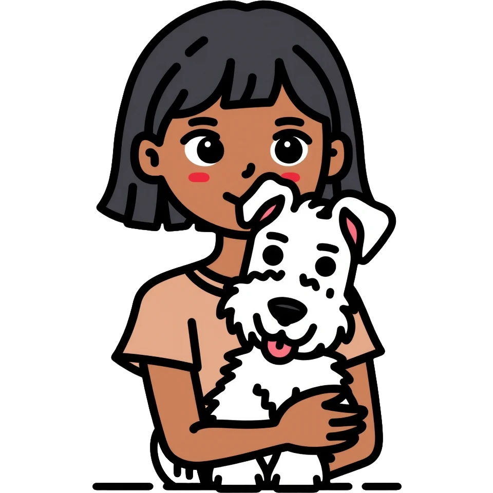 Black girl with short bangs holding a white schnauzer dog emoji