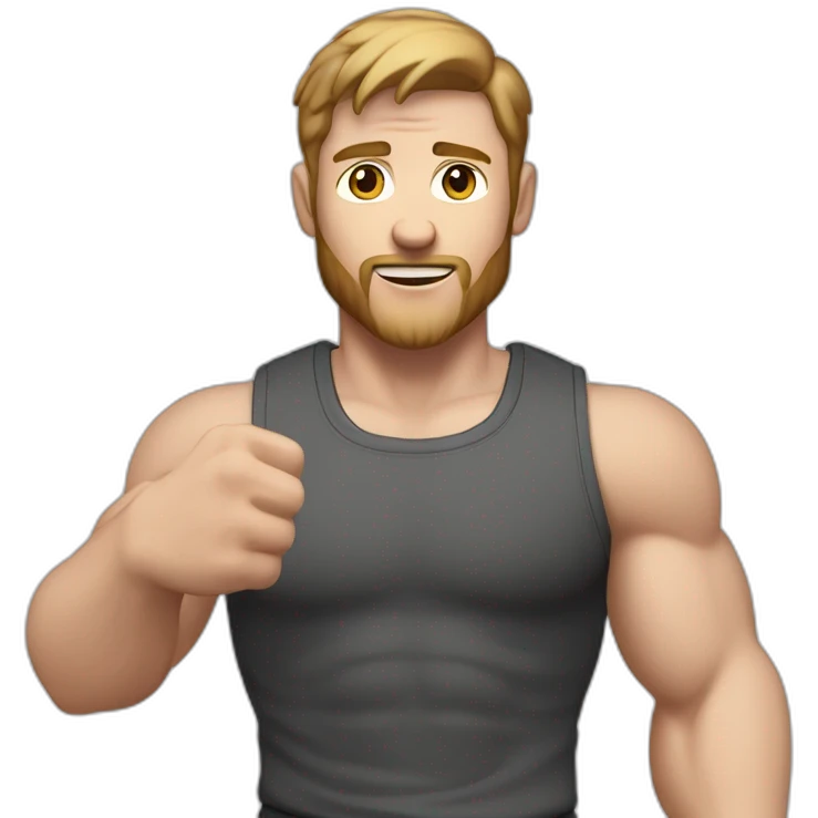 Close up Actively gesturing  with hands Pale skinned Fit Man With the biceps and brown hair in dark gray Sleeveless Mike, black oversize sports shorts, watch and white Sneakers emoji