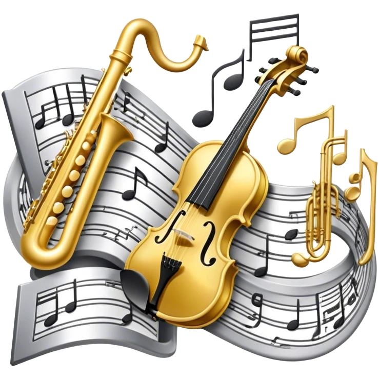 Create an elegant and artistic emoji that represents music arrangement and orchestration. The design should feature a conductor's baton, musical scores, and various orchestral instruments (e.g., violin, trumpet, electric guitar, synthesizer). Incorporate flowing lines to represent harmony and orchestral balance, along with a subtle representation of sheet music. Use rich, classical colors like gold, silver, or deep blue, and create an atmosphere of sophistication and precision. The background should be transparent. emoji