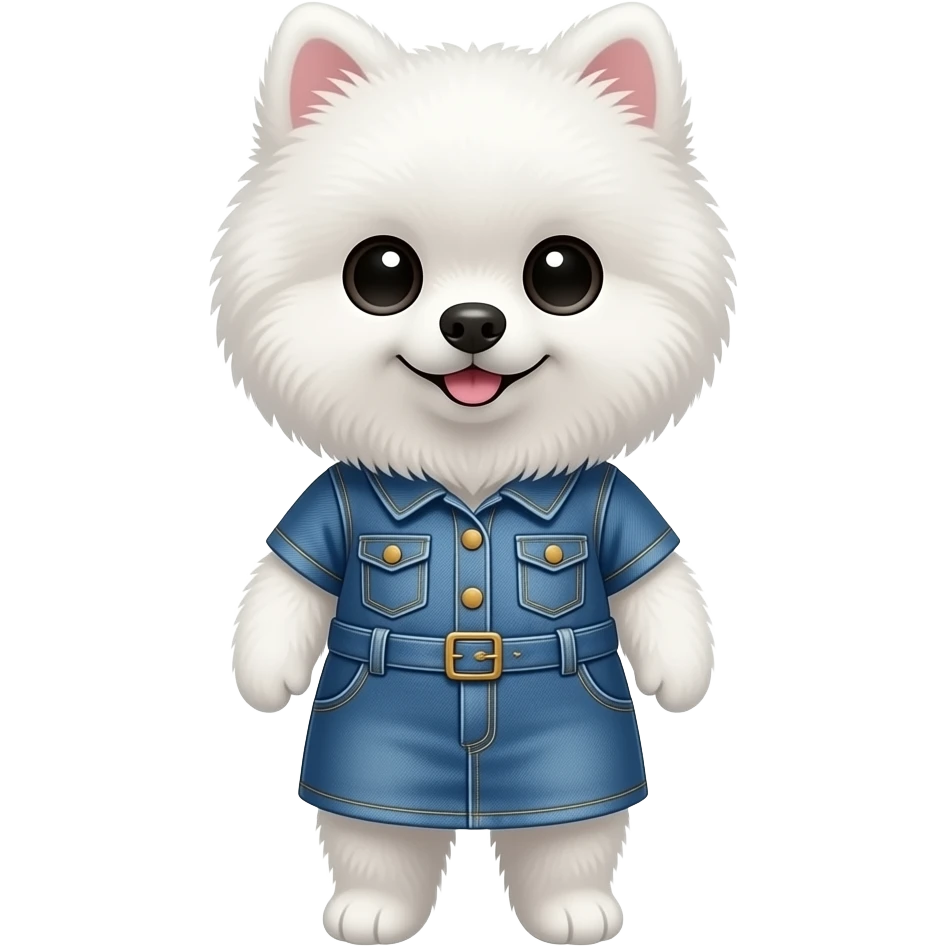 white pomeranian wearing a denim dress emoji